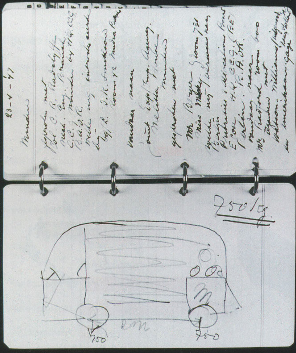 Notisblokken til den nederlandske Volkswagen-importøren Ben Pon fra 1947, med hans kjappe ideskisse av VW T1.