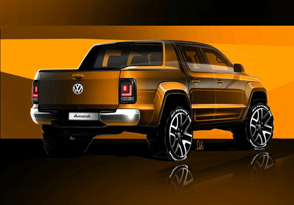 Ansiktsløftet AmarokHer er de første skissene som viser hvordan Volkswagen ser for seg facelift-utgaven av Amarok som lanseres i 2016.Foto: Volkswagen