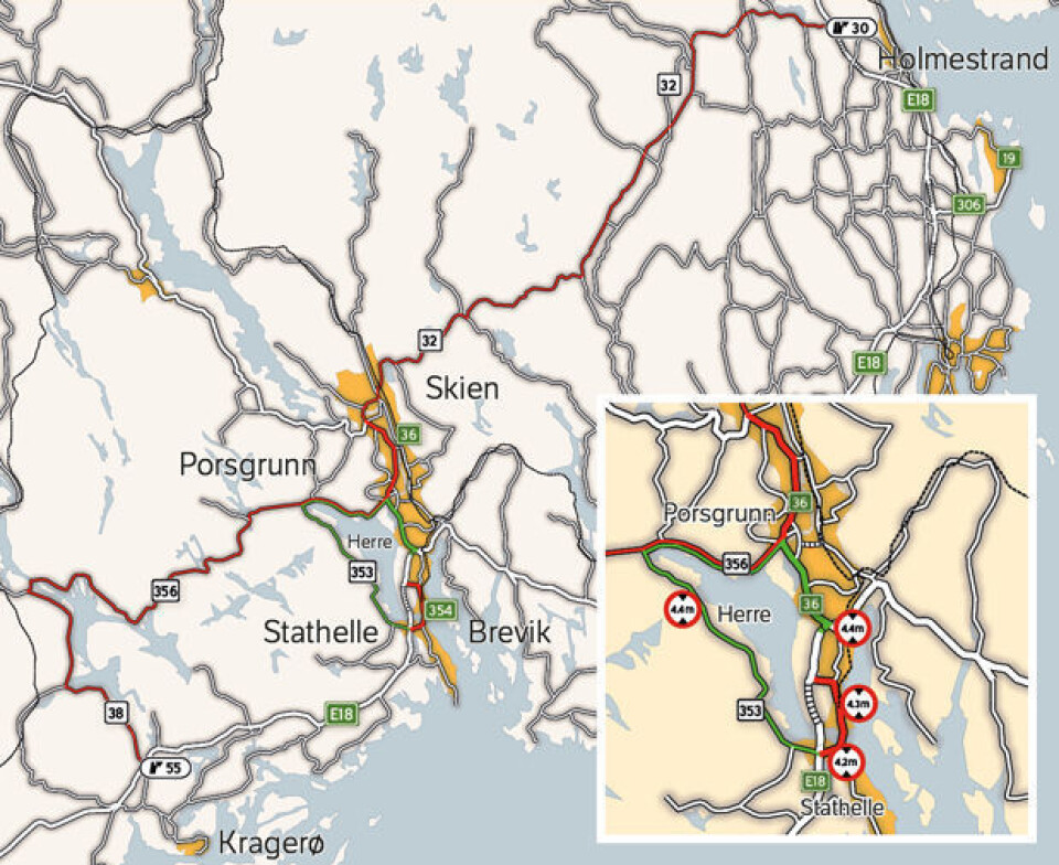 KART: Her går omkjøringsveiene. Omkjøringen er rv.354. Kjøretøy høyere enn 4,20 må kjøre omkjøringsvegen fv.353 og fv.356. Alternativ rute for langveisfarende er avkjøring til fv.38 ved kryss 55 til kryss 30 ved Island i Vestfold.