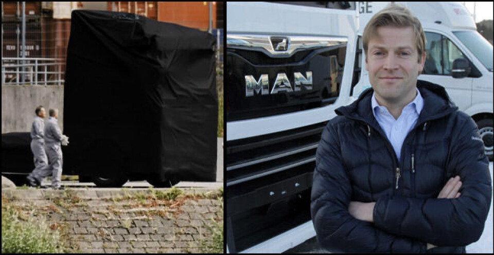 AVDUKES PÅ MAN-DAG: Foreløpig er den godt kamuflert, men 10. februar trekker MAN duken av sin nye lastebilgenerasjon i Bilbao. Fabian Knappik, salgsdirektør i MAN Truck & Bus i Norge og Sverige, er forventningsfull. Foto: Brede Høgseth Wardrum og MAN