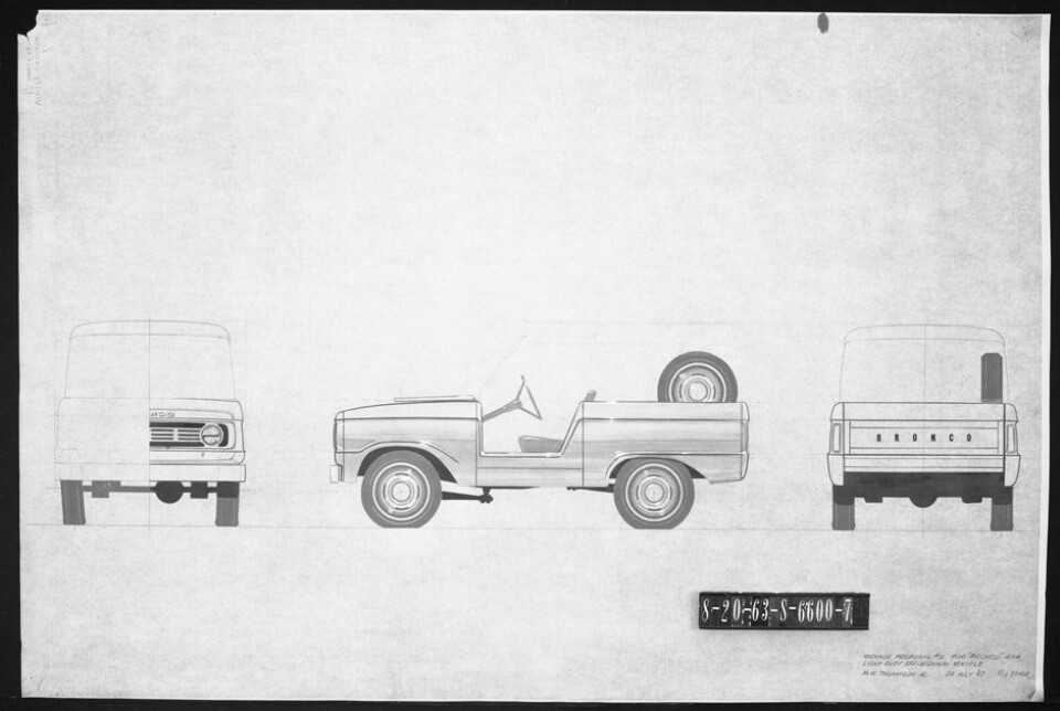Tidlige designskisser av originale Ford Bronco.