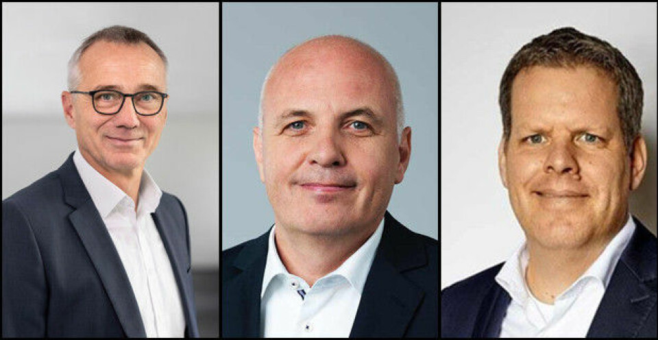 NYE NAVN: Andreas Tostmann (t.v.) er ny toppsjef for MAN Truck & Bus, Matthias Gründler (midten) er ny toppsjef i Traton SE (eier Scania og MAN) og Carsten Intra (t.h.) er ny sjef for Volkswagen Nutzfahrzeuge.
