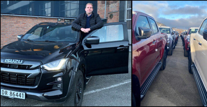 Steinar Dokken, salgssjef for Isuzu, er klar for å pøse ut nye D-Max. Her med en av de første bilene i landet, og til høyre den første båtlasten som ankom Drammen nylig. Steinar Dokken, salgssjef for Isuzu, er klar for å pøse ut nye D-Max. Her med en av de første bilene i landet, og til høyre den første båtlasten som ankom Drammen nylig.