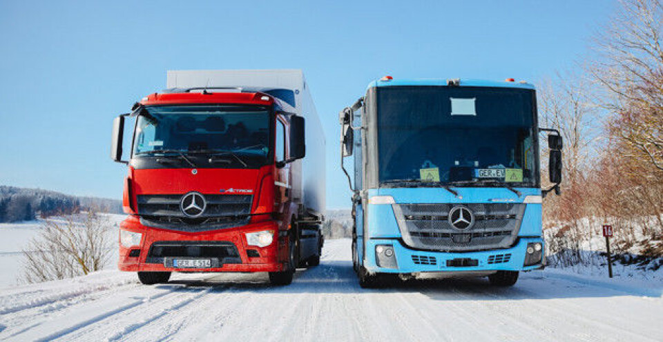 Vinteren i Schwäbische Alb, som er en fortsettelse av Jurafjellene, er kanskje ikke helt ulik den el-lastebilene kan møte på i Norge etter hvert. Foto: Daimler Vinteren i Schwäbische Alb, som er en fortsettelse av Jurafjellene, er kanskje ikke helt ulik den el-lastebilene kan møte på i Norge etter hvert. Foto: Daimler
