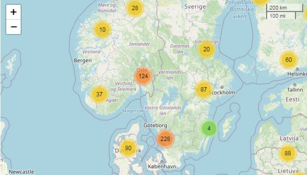Bildet viser et utdrag fra ACEAs interaktive kart over hvor ladepunkter for elektriske lastebiler bør plasseres.