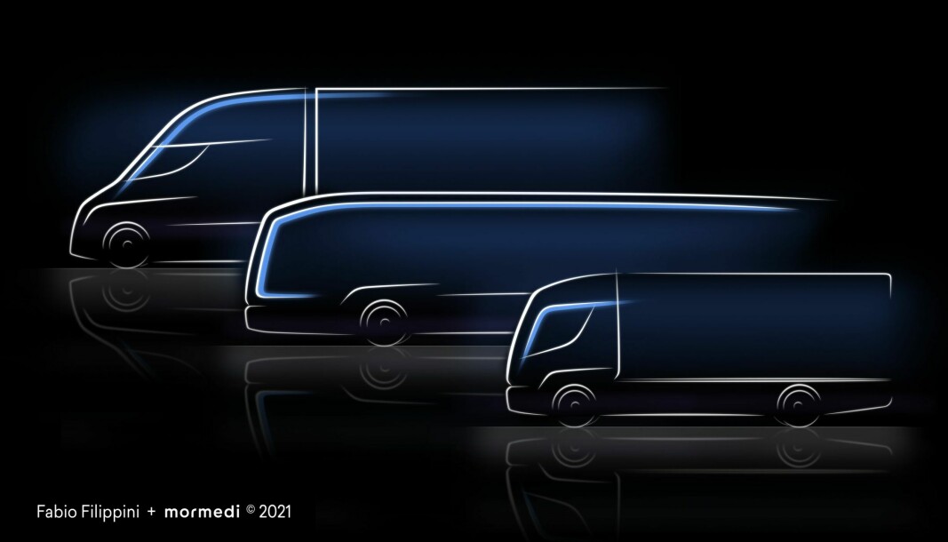 Slik skisserer Quantron at deres tre nyttekjøretøy skal se ut. Bussen og den lette lastebilen er rimelig generiske i uttrykket, mens US-trucken unektelig minner om Tesla Semi.