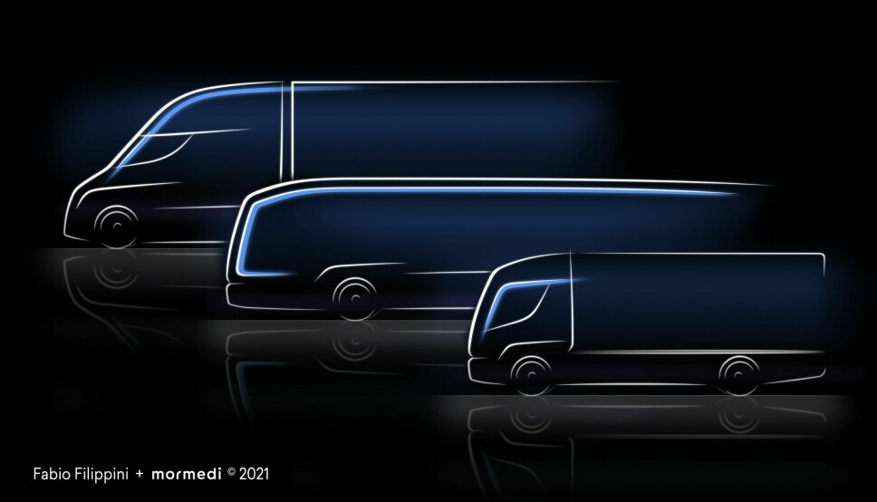 Slik skisserer Quantron at deres tre nyttekjøretøy skal se ut. Bussen og den lette lastebilen er rimelig generiske i uttrykket, mens US-trucken unektelig minner om Tesla Semi.