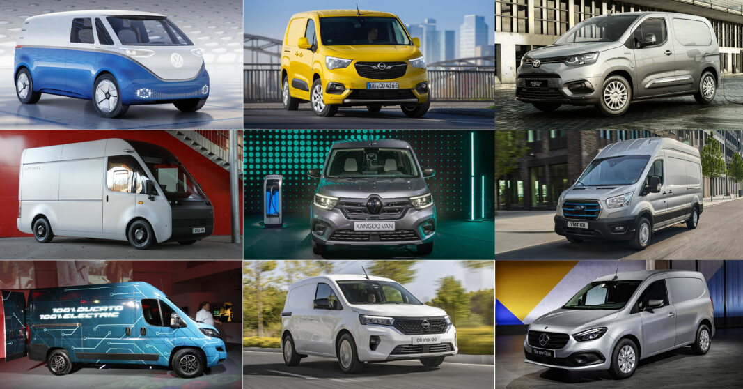 Utvalget av elektriske varebiler i ulike størrelser begynner å bli stort. Her ser du et knippe av eksisterende og kommende modeller som skal lanseres i 2022.