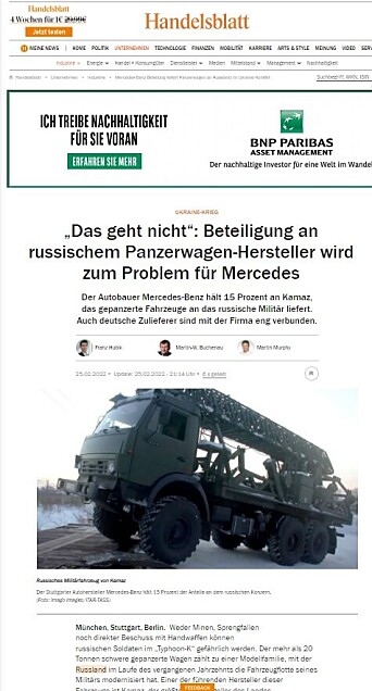 Faksimile av Handelsblatts artikkel fra fredag 25. februar 2022, om Daimlers eierskap i Kamaz. Faksimile av Handelsblatts artikkel fra fredag 25. februar 2022, om Daimlers eierskap i Kamaz.
