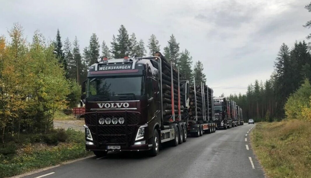 I belastningsforsøket på Finnskogen deltok sju-akslede 60 tonns tømmervogntog og ni-akslede tømmervogntog på 74 tonn. Foto: Silja Lena Løken