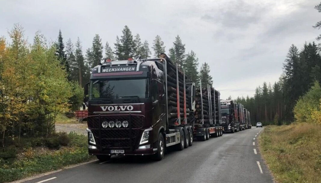 I belastningsforsøket på Finnskogen deltok sju-akslede 60 tonns tømmervogntog og ni-akslede tømmervogntog på 74 tonn. Foto: Silja Lena Løken I belastningsforsøket på Finnskogen deltok sju-akslede 60 tonns tømmervogntog og ni-akslede tømmervogntog på 74 tonn. Foto: Silja Lena Løken