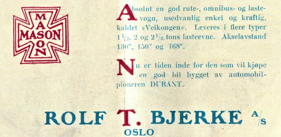 «Veikongen»: I denne annonsen fra 1925 bruker den norske importøren betegnelsen «Veikongen» om Mason Road King.