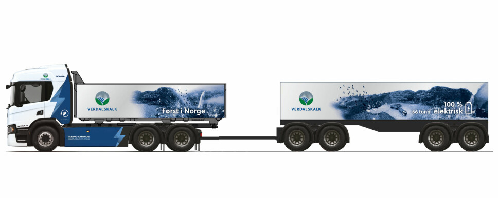TUNGT OG ELEKTRISK: Slik skisserer Scania at den nye 66-tonneren til Verdalskalk blir seende ut.