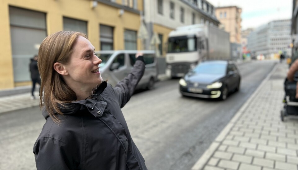 LITT Å TA TAK I: Maren Hemsett skulle helst sett at både varebilen og lastebilen i bakgrunnen var elektriske. At de går på diesel betyr at hun og Norsk elbilforening har litt å jobbe med fremover.