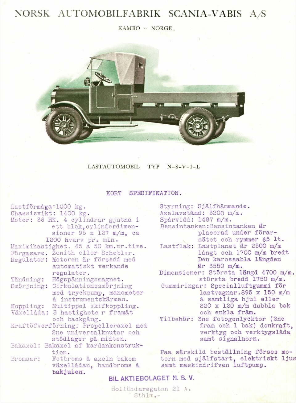 1-TONNER: N.S.V. 1-L var den minste utgaven. Tegningen og spesifikasjonene gir inntrykk av en moderne lastebil i 1921, men ble den noensinne produsert?