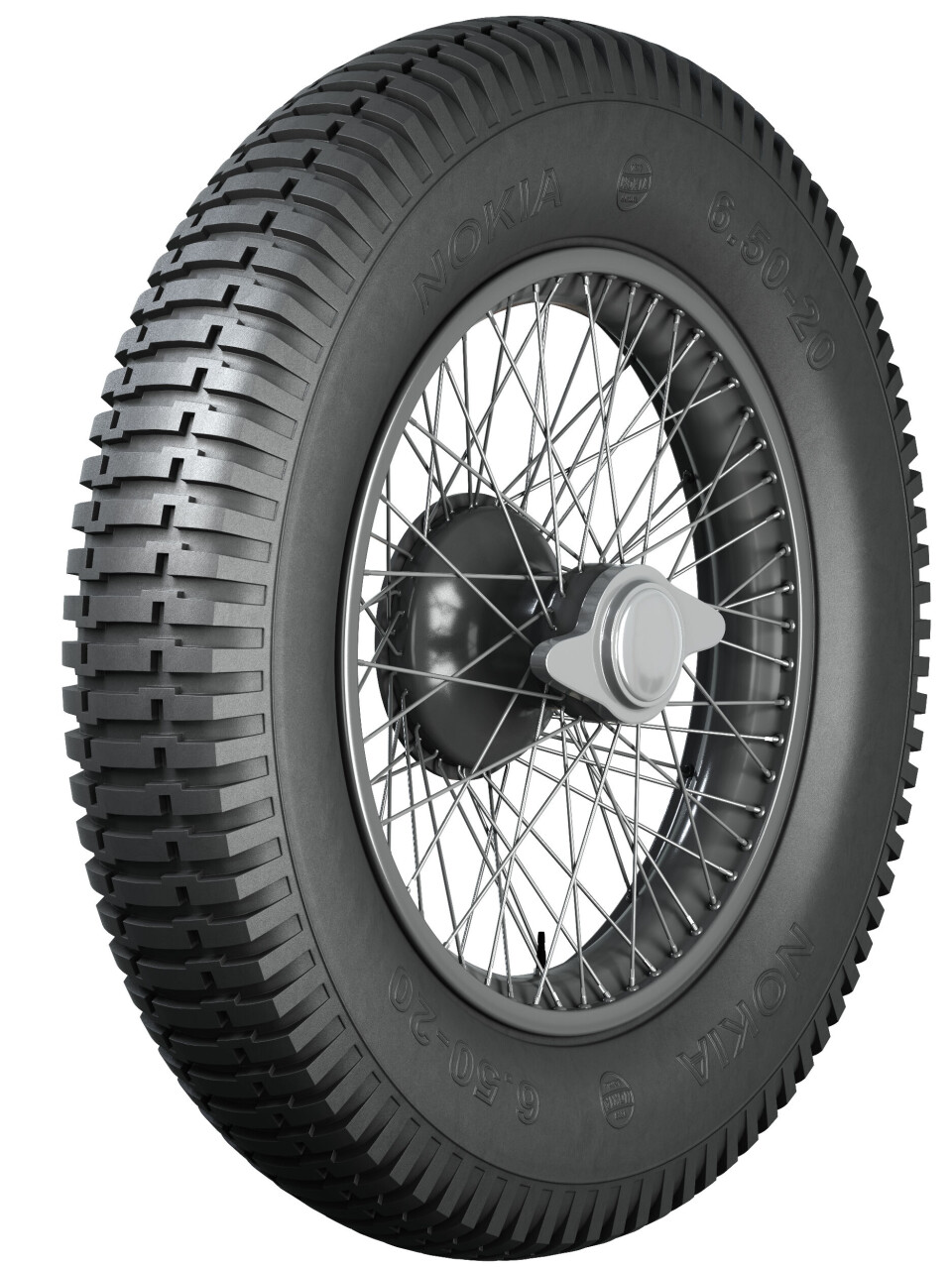 FØRST: Nokians første vinterdekk i 1934, for lastebiler, hadde grovt mønster for grep og trekkraft. Mønsteret var også designet åpent nok til å rense seg selv for snø under kjøring.