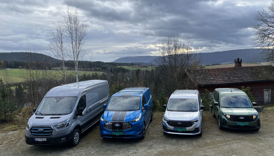 FORNYET: Hele Transit-familien er fornyet i større og mindre grad. Her med E-Transit, E-Transit Custom, Transit Connect og Transit Courier.