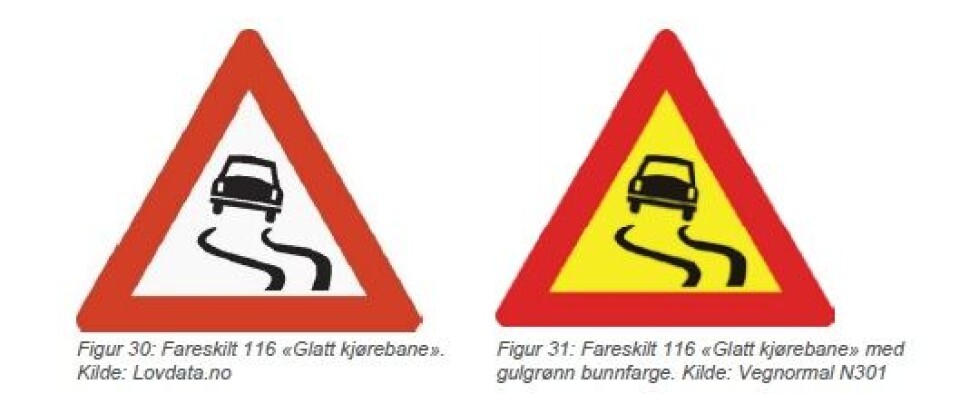 Undersøkelsen peker på at skiltkombinasjonen Fareskilt 116 «glatt kjørebane» i kombinasjon med underskilt 808.151 «slutt på saltet veg» kunne vært brukt.
